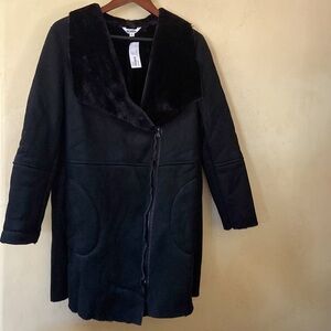 Sz M BB Dakota Black Knee Length Kelson Coat Fuzzy Warm Lining Zip Front